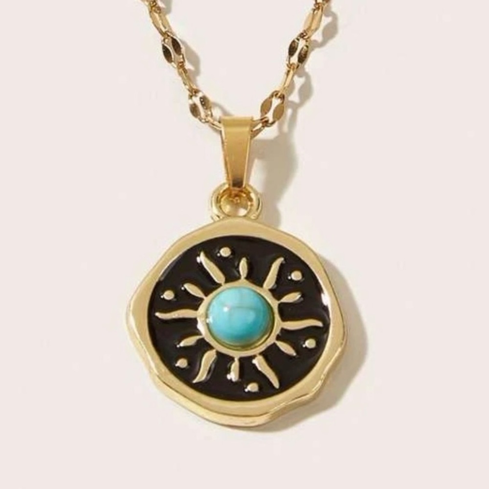 “Southwestern Sun” Turquoise Core Blazing Sunrays Native American Steel Necklace